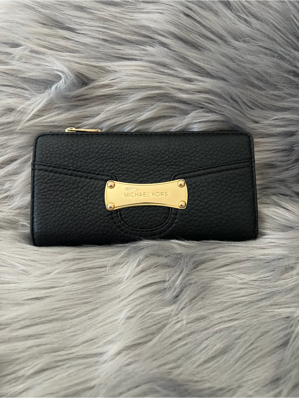 Michael Kors Black Pebbled Leather Wallet with Gold Nameplate